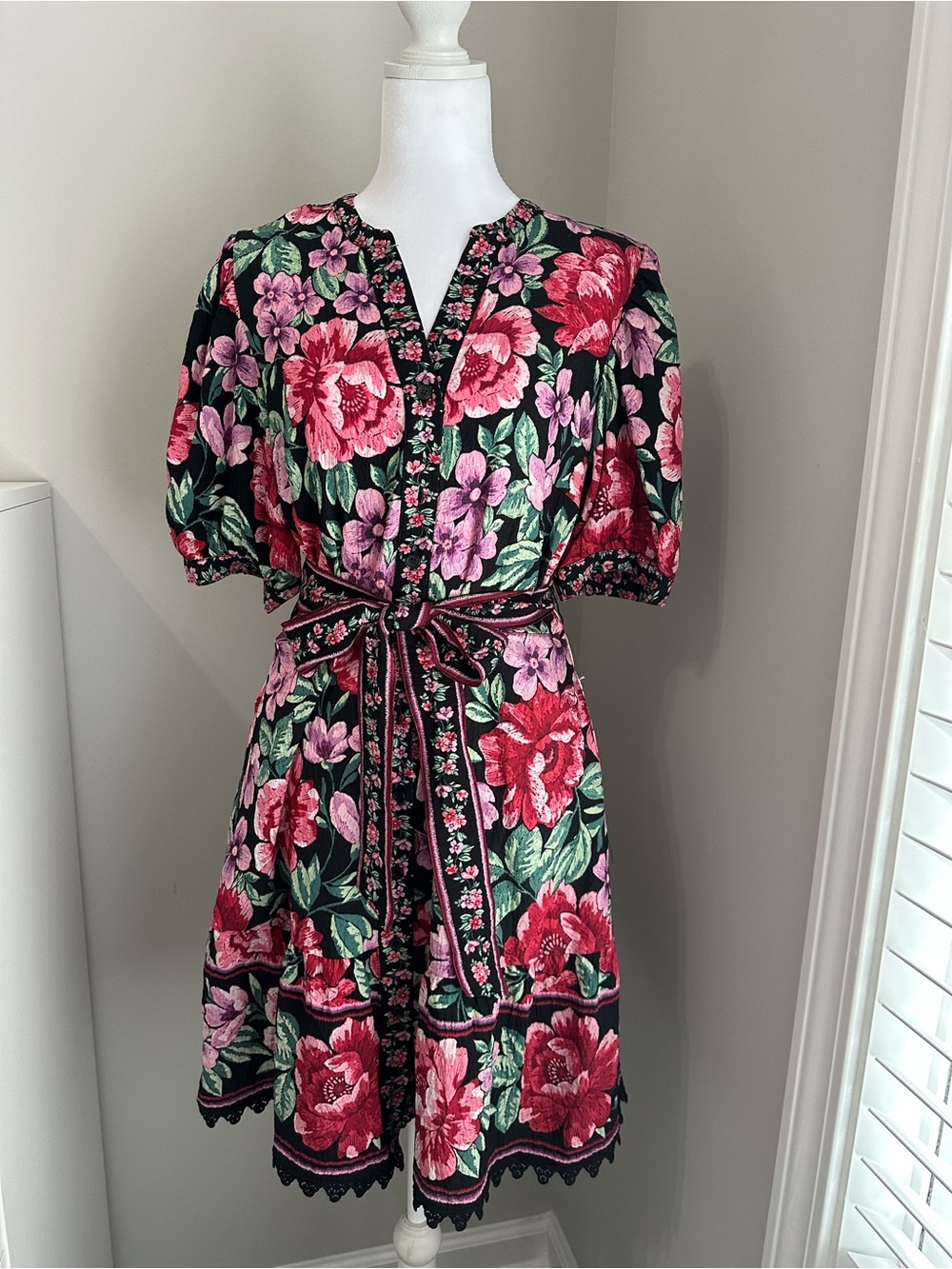 Calypso St. Barth Black Floral Tie-Waist Mini Dress with Pink and Red Blooms